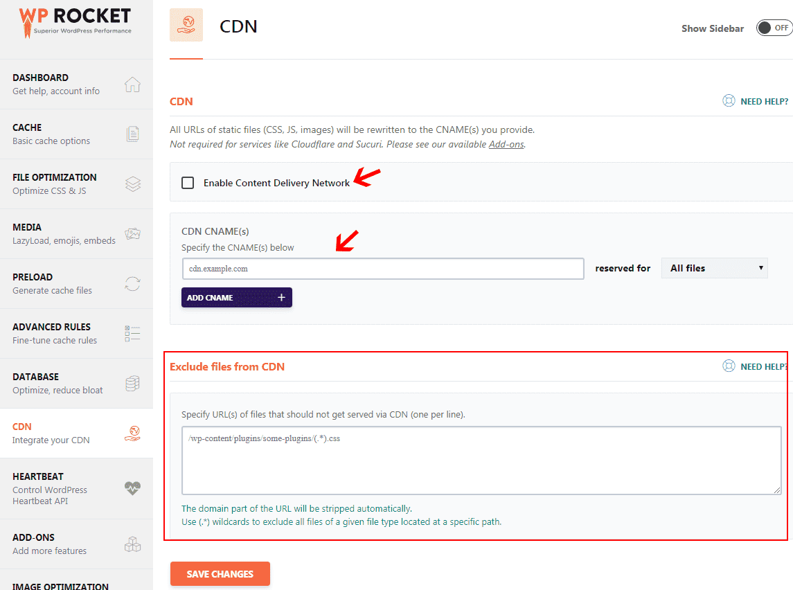 WP Rocket CDN settings