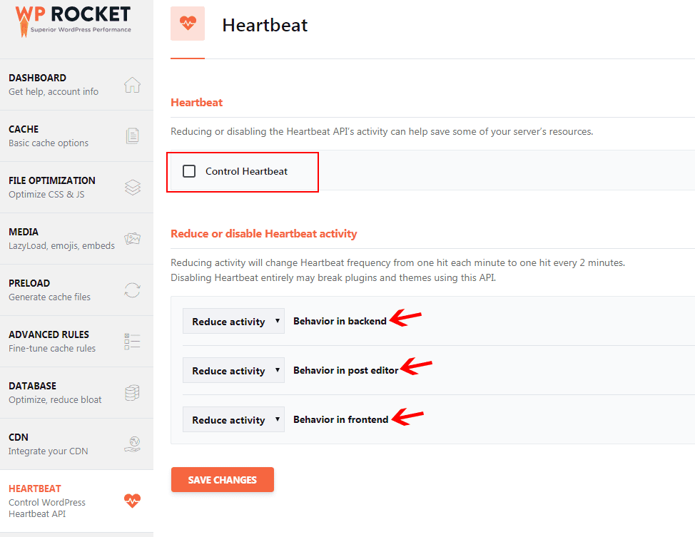 WP Rocket heartbeat settings